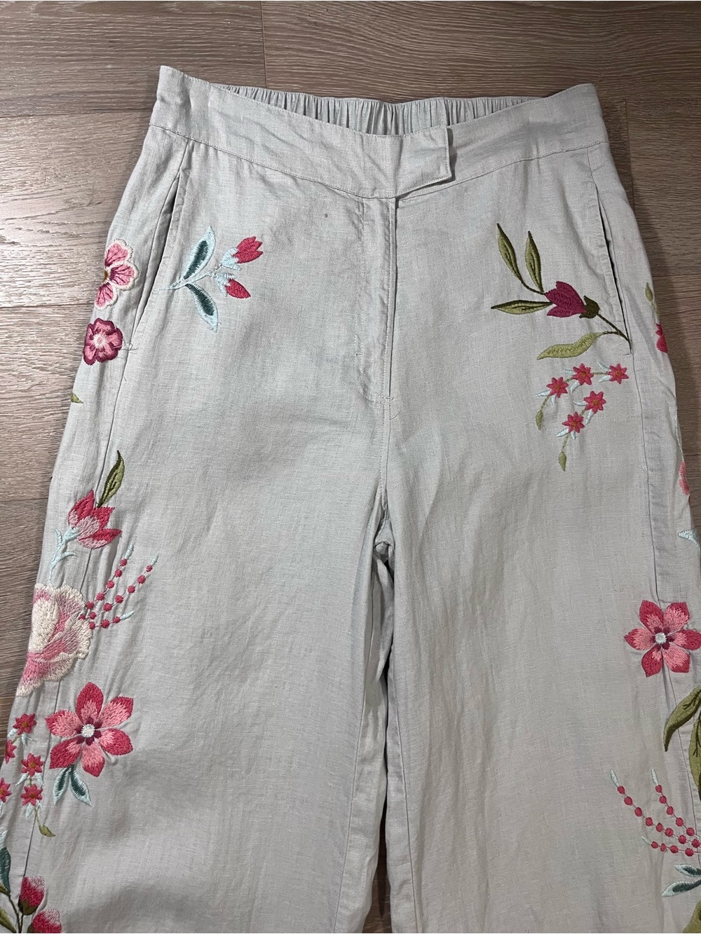 Johnny Was Joya Embroidered Wide Leg Linen Pants Sand Small Boho - Picture 3 of 12